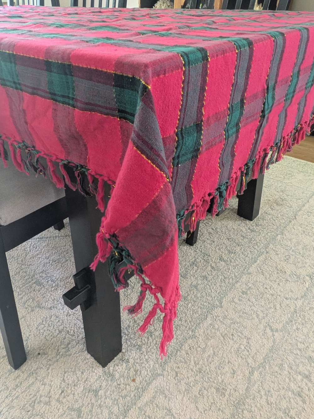 Vintage Red Green Plaid Tablecloth Gold Lurex Thread Fringe